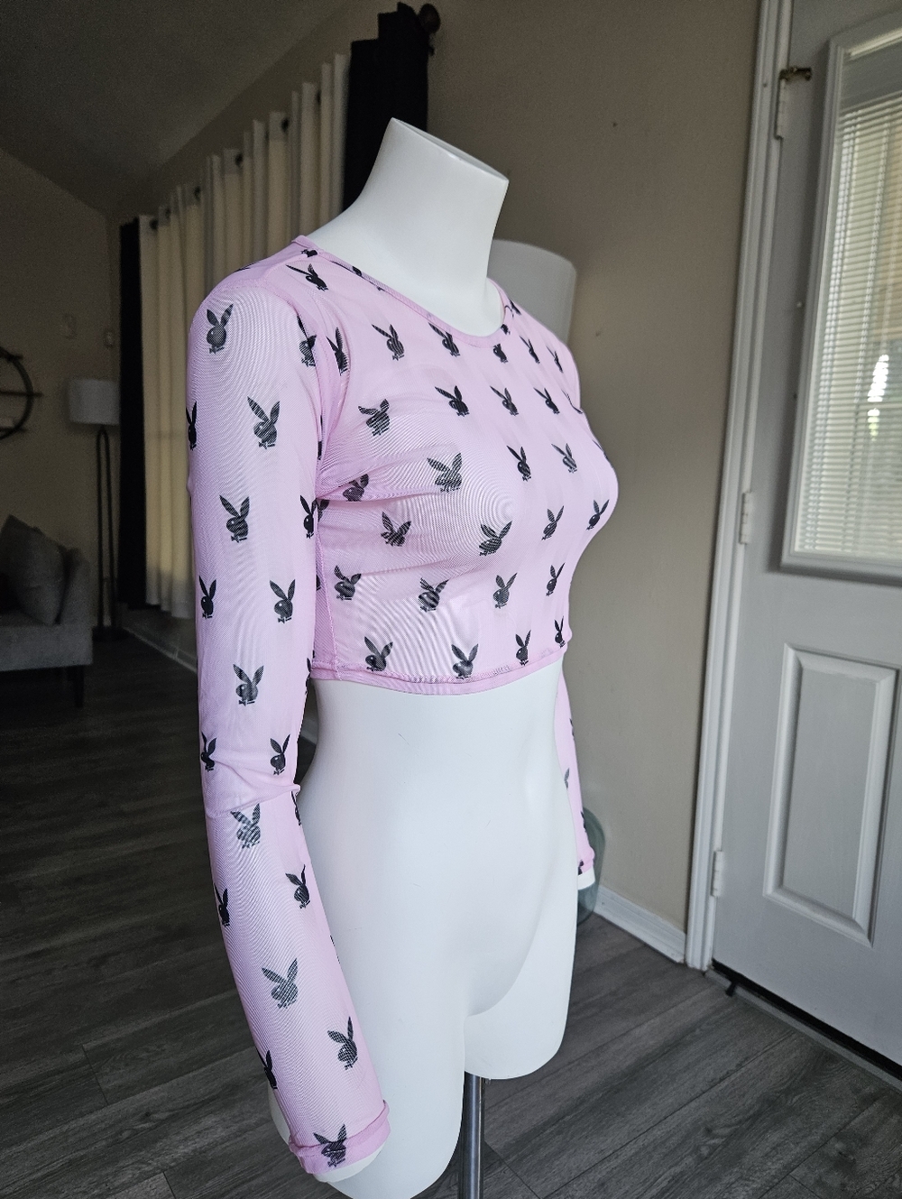 Playboy Pink Mesh Long Sleeve Crop Top Bunny Logo Size S/M, NWT